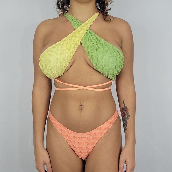 Multi-Color Block Criss-Cross Lace Up Textured Bikini Swimsuit 2 Piece Set - Picture 2 of 6